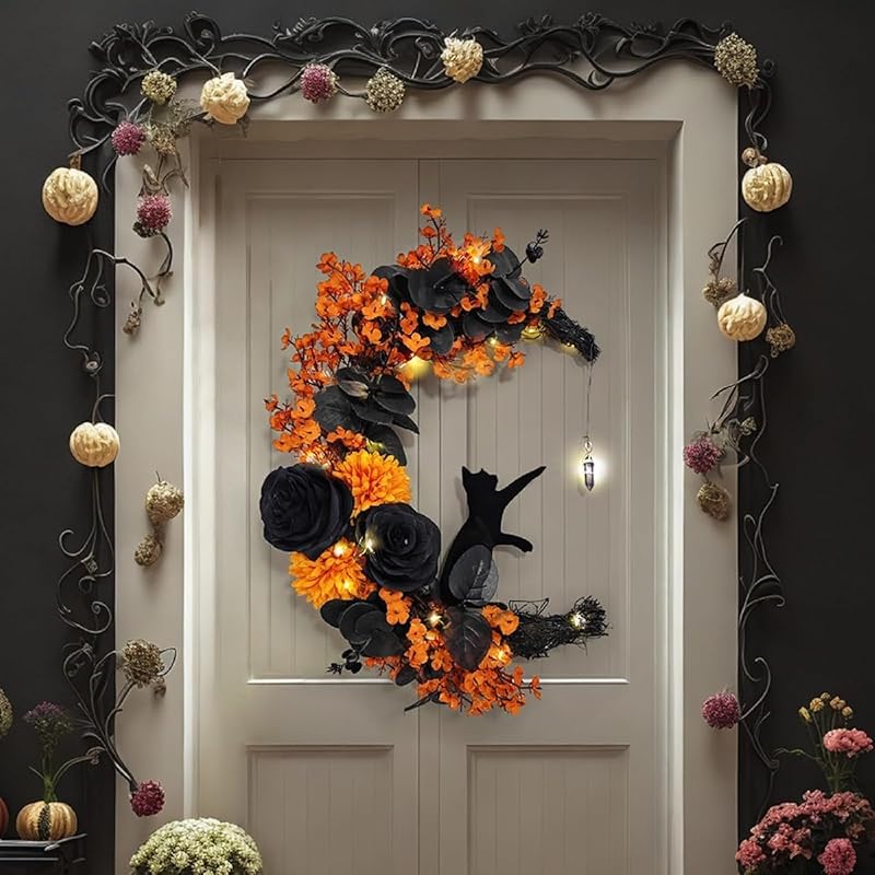 Halloween Wreaths for Front Door with Light, Black Cat Crescent Moon Wreath, Cute Cat Garland Halloween Door Decorations for Outdoor Indoor Decor Wall Window Home Party