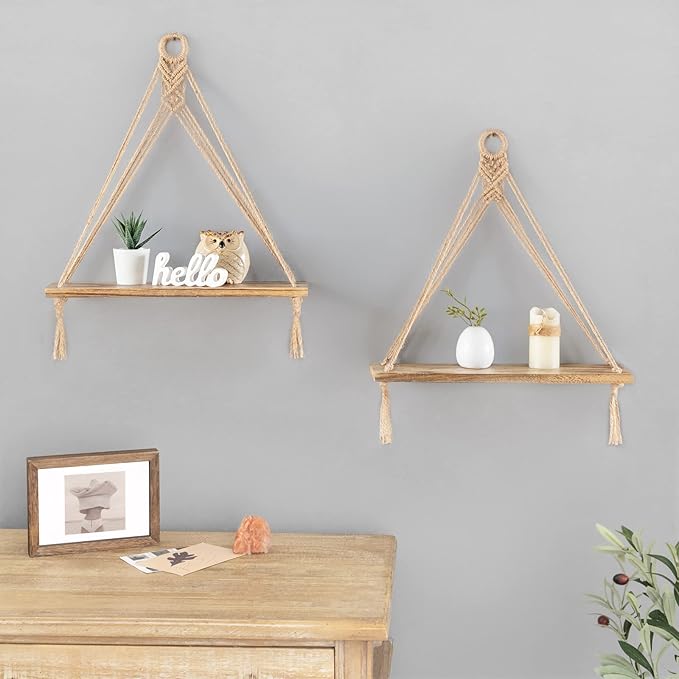 Mkono Macrame Hanging Shelves Boho Wall Decor Set of 2 Rustic Wood Floating Storage Shelf for Bedroom Bathroom Living Room Nursery Dorm Room, Display Shelving for Hanging Plants Photos