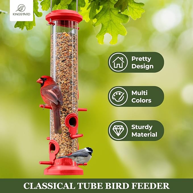 Kingsyard 2 Pack Tube Bird Feeders for Outdoors Hanging, Premium Hard Plastic Bird Feeder with 6 Feeding Ports, Weatherproof & Steel Hanger, Attracting for Wild Birds (Red)