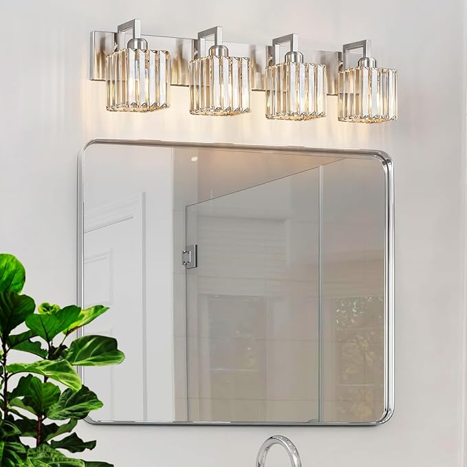 Modern Bathroom Vanity Light 4-Lights Brushed Nickel Vanity Light Crystal Wall Light Bathroom Light Fixtures