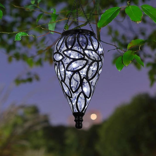 SUNNYPARK Outdoor Plastic Solar Hanging Lantern, 15 Cool White LEDs Twinkle Effect Tear-Shaped Hanging Lantern Decor Garden Decorative Solar Lights for Backyard, Patio and Lawn