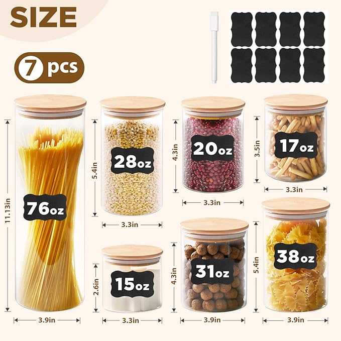 Glass Food Storage Jars, Glass Jars with Bamboo Lids, Kitchen Storage Jars, Canisters with Airtight Lids for Spice, Coffee, Cookie, Set of 7, Pantry Organizers