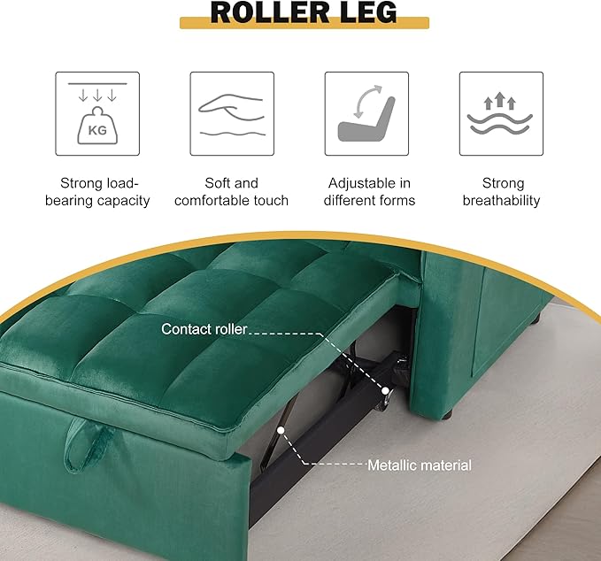 3 in 1 Sleeper Sofa Bed, Futon Sofa Bed for Living Room with Side Pocket, Green Sleepers Sofas Couch with Pullout Beds, Convertible Love Seat Sleepers Couch for Living Room, Bedroom