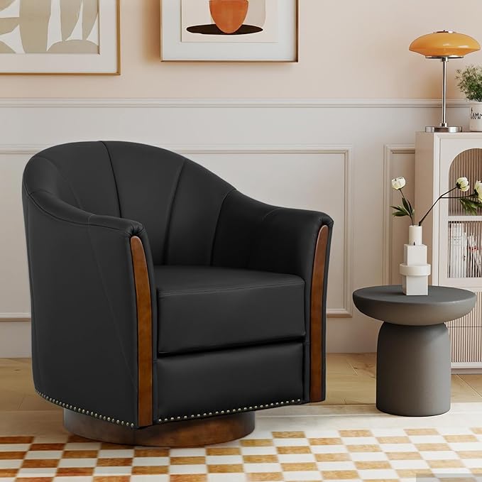 360° Swivel Accent Chair, Modern Leather Barrel Club Chair with PU Leather Upholstery and Sturdy Wood Base, Comfortable Armchair for Living Room, Bedroom, Reading Nook, Black