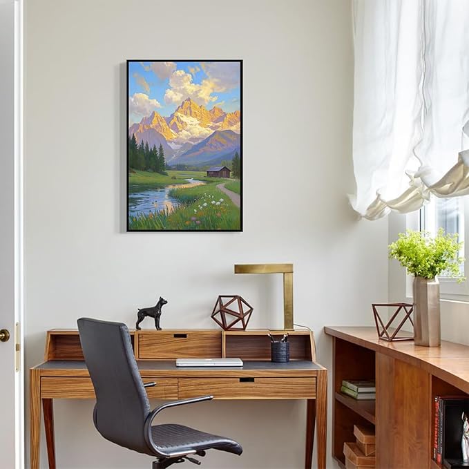 The mountain stream and lawn scenery under the sun is suitable for posting in the living room bedroom office landscape poster wall painting