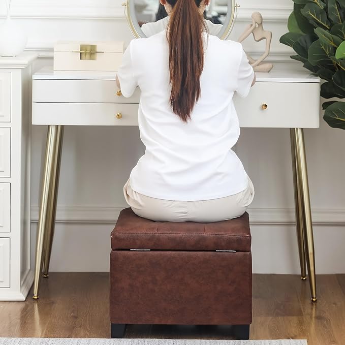 Adeco Faux Leather Storage Ottoman Bench with Wood Legs, 17.7" Square Red and Brown PU Cube Foot Stool, Upholstered Button Tufted Vanity Chair with Hinged Lid for Living Room, Bedroom, Dorm