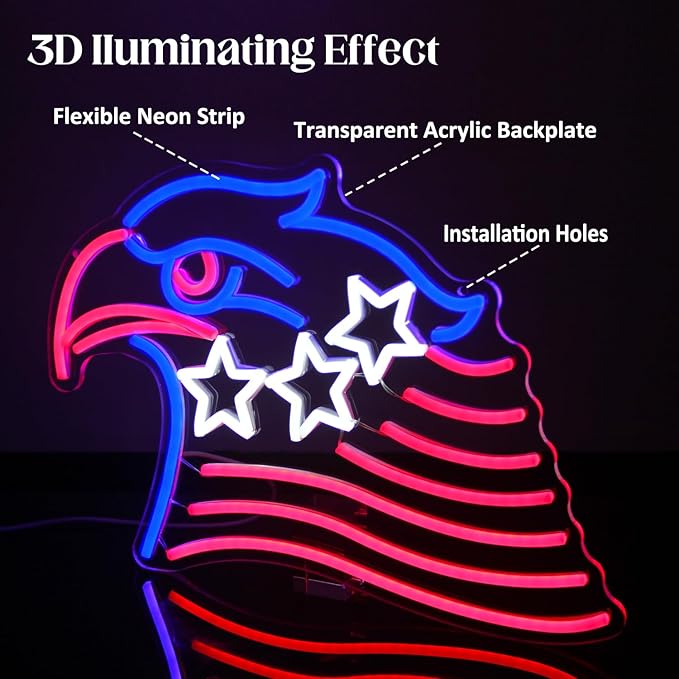 Patriotic Eagle Flag Neon Sign USA Stars and Stripes LED Sign for Wall American Flag Neon Lights Signs for Bedroom Memorial Day 4th of July Independence Day American Eagle Day Decorations