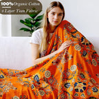 Boho Large Throw Blanket, 100% Organic Cotton Breathable Soft Bed Throw - Floral Farmhouse Decor Blanket for Sofa Couch Chair and Gift. 91" x 98"- Orange