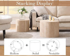 CIMOTA Round Wood Nesting Coffee Table Set of 2, Modern Circle Travertine End Side Table Sets for Living Room, Light Wooden Color/No Assembling