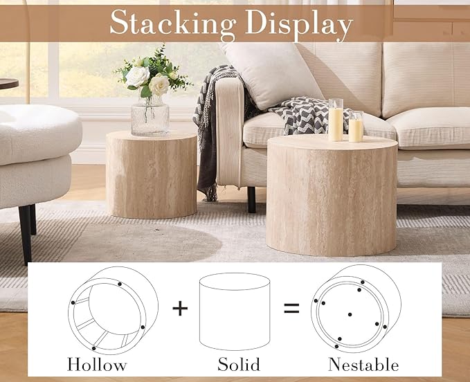 CIMOTA Round Wood Nesting Coffee Table Set of 2, Modern Circle Travertine End Side Table Sets for Living Room, Light Wooden Color/No Assembling