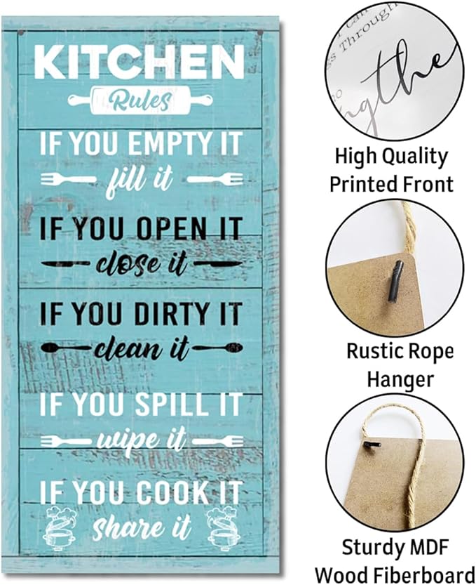 Hanging Kitchen Rules Wood Decor Sign, Rustic Kitchen Wooden Signs, Printed Wood Wall Art Sign, Kitchen Door Rules Rustic Sign, Hanging Wood Sign Kitchen Decor, Funny Farmhouse Kitchen Wall Décor G1