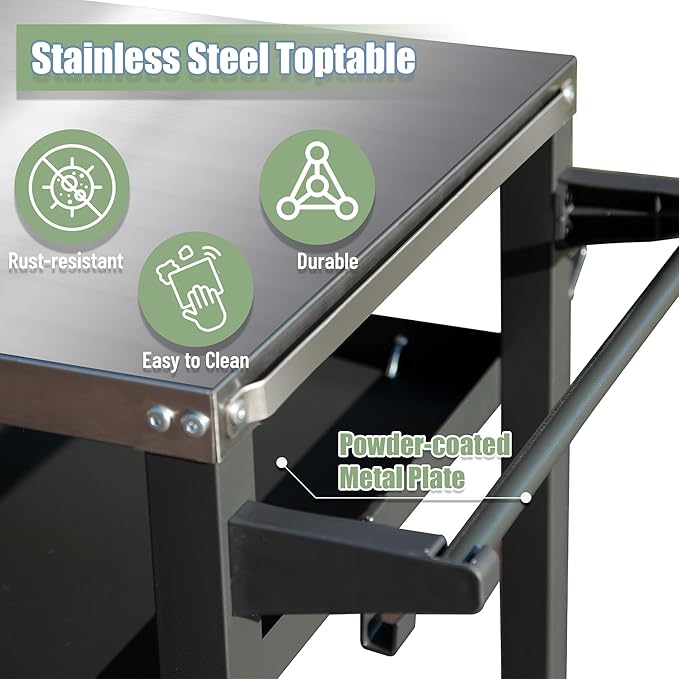Domi 3-Shelf Outdoor Grill Table, Grill Cart Outdoor with Wheels, Pizza Oven and Food Prep Table, Blackstone with Stainless Steel Tabletop, BBQ Stand for Blackstone Griddle for Outside BBQ
