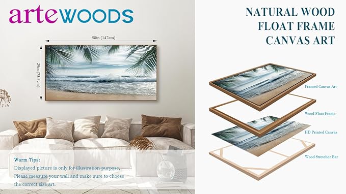 Framed Tropical Beach Wall Art - Ocean Waves Canvas Pictures Coastal Blue Sky and Sea Print Seaside Palm Tree Leaves Scene Painting Artwork Living Room Bedroom Office Home Decor 29" x 58"