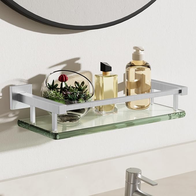 Alise Glass Shelves for Bathroom Wall, Tempered Glass Bathroom Shelf Wall Mounted, Modern Space Saving Floating Shelves 12 inch, Brushed Nickel