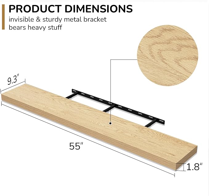 Fun Memories 55 Inch Floating Shelves - 9 Inch Deep Rustic Wooden Wall Shelves - Extra Deeper & Thicker Wall Mounted Storage Shelf for Living Room, Kitchen, Farmhouse - 55" W x 9" D x 1.8" H - Oak