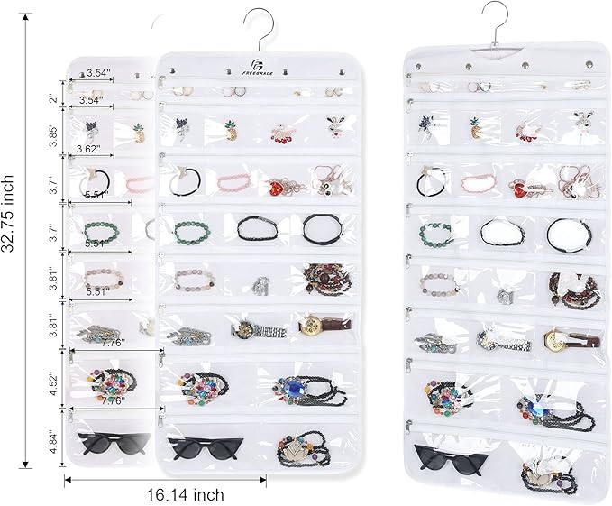 Freegrace Hanging Jewelry Organizer Revolving Hanger - Secure Zipper Closure - 50 Pockets - Foldable Storage & Display Solution - For All Jewelry & Bijoux (White)