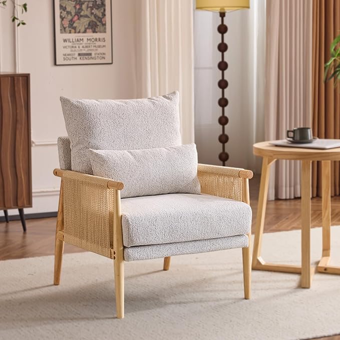 VINGLI Boho Braid Accent Armchair,Mid-Century Modern Chiar with Solid Wooden Armrest,Comfy Louge Cushion Chair with Waist Pillow for Bedroom,Living Room,Reading Room, Light Gray
