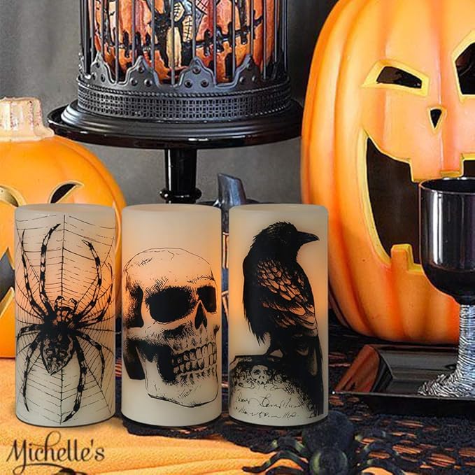 Wondise Halloween Flickering Flameless Candles with 6hrs Timer, Battery Operated LED Real Wax Candles Set of 3 Skull, Spider Web, Crow Raven Decals Halloween Home Decoration Gifts(3 x 3 x 6 Inch)