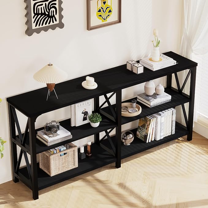 LVB Industrial Entryway Table, Farmhouse Rustic Console Tables Behind Couch, Long Metal Wooden Sofa Table with Storage Shelf, Modern Foyer Hallway Table for Living Room Bedroom, Black Oak, 63 in