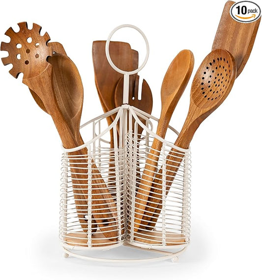 360° Rotating Kitchen Utensil Holder- 3 Compartment Organizer with Cork Bottom | Includes Premium 9-Piece Acacia Wood Utensil Set | Professional Luxury Design | Metal Utensil Crock (Matte white)