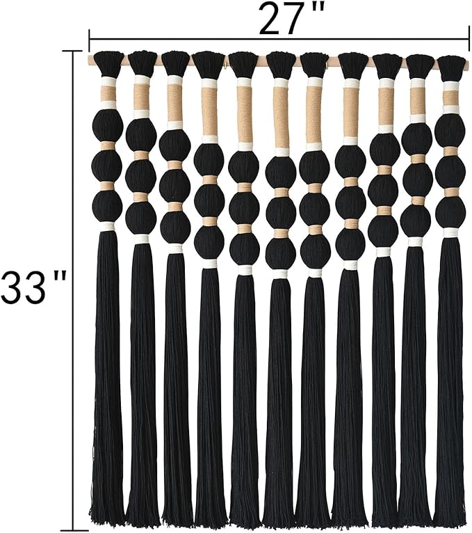 Macrame Wall Hanging Boho Wall Decor Black Fiber Yarn Wall Art Handmade Cotton Spherical Knot for Living Room Bedroom Nursery Office Home Decor27" W x 33" L