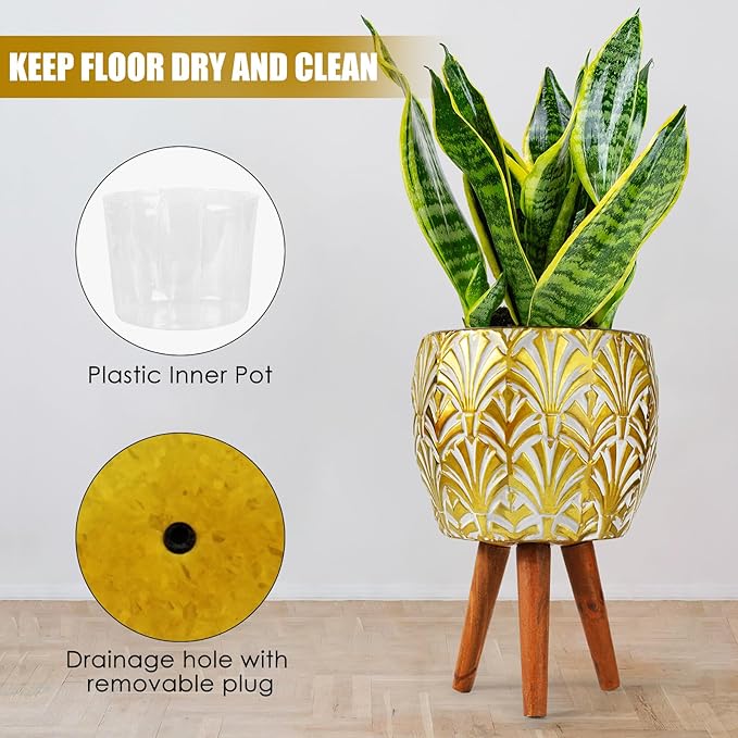 Harvest Land Plant Pots with Stand, Set of 2 Large Modern Planters Metal Tall Handmade Flower Pots with Drainage Holes Indoor Outdoor,Gold