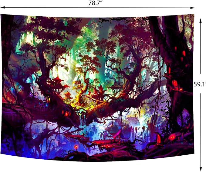 Delur Fantasy Forest Tapestry Mystical Landscape Magical Enchanted Forest Tree Nature Tapestry Psychedelic Wall Hanging Headboard for Bedroom Living Room Home Decor (59.1" x 78.7")
