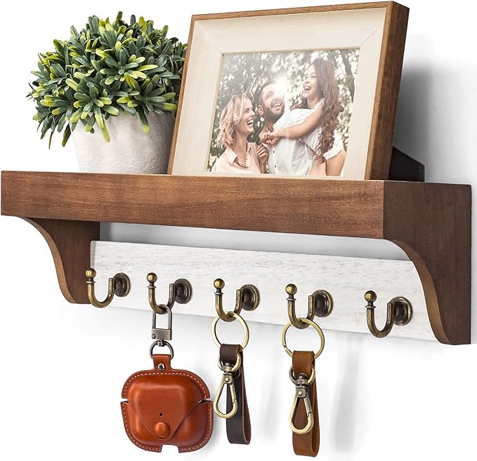 Rebee Vision Key Holder for Wall with Shelf - Farmhouse 2-Color Key Rack with 5 Retro Keys Hooks and Primitive Wood Mail Organizer Wall Mount - Decorative Rustic Home Decor (Brown & White)