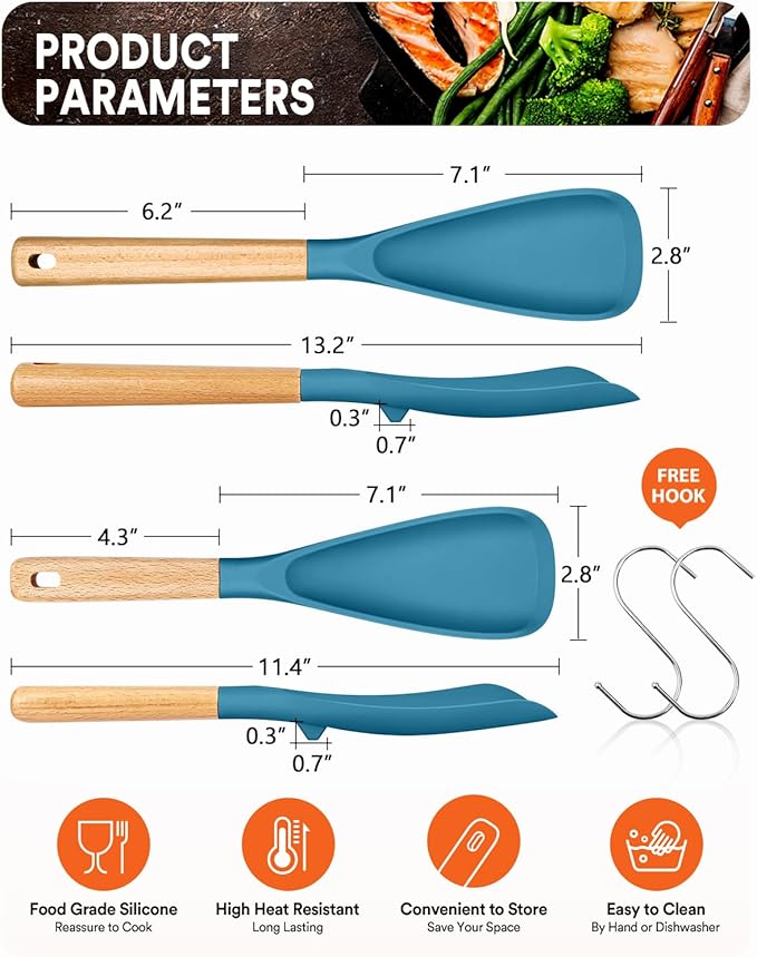 Multifunction Spatula Spoon for Nonstick Cookwares, Great for Cooking and Serving, Sturdy BPA-Free Matte Silicone, Wood Handle Spatula for Mixing, Scoop, and Scrape, Turquoise(2 pack,11.4" & 13.4")