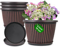10 Inch Planter-Pots-for-Plants-Indoor-Outdoor, 4 Pack Plastic Flower Pots with Saucer & Drainage Holes, Modern Decorative Resin Garden Pots