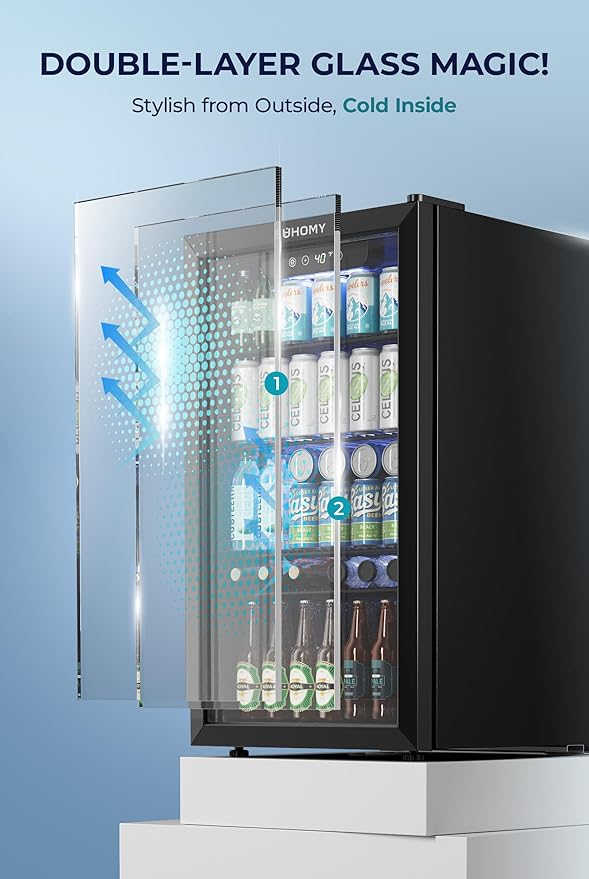 EUHOMY Beverage Refrigerator and Cooler, 128 Can Mini fridge with Glass Door, Small Refrigerator with Adjustable Shelves for Soda Beer or Wine, Home/Bar/Office, Black