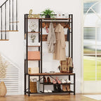 BON AUGURE Hall Tree with Shoe Storage, 5-in-1 Reversible Entryway Bench with Coat Hooks for Hallway, Rustic Wood and Metal Coat Rack with Shelves for Mudroom (Rustic Oak)