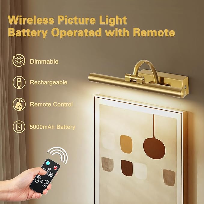 Wireless Picture Lights for Wall Rechargeable Brass Gallery Lights Battery Operated Art Lamps with Remote and Timer Dimmable Painting Lights for Artwork Portrait Display 12 Inch 2W 2700K