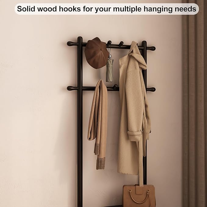 Coat Rack with Shoe Storage, Narrow Wooden Hall Tree with Bench, 11 Hooks and 2-Tier Storage Shelves, 3-in-1, Entryway Bench with Coat Rack (23.6"-Black)