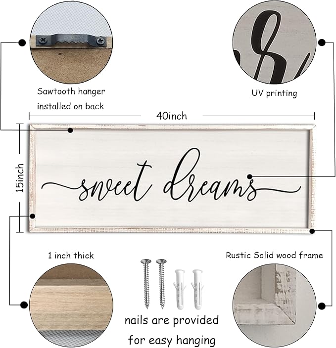 Sweet Dreams Wall Decor Above Bed 40''×15'' Master Bedroom Large Sweet Dreams Sign Farmhouse Wall Decor Guest Room Wood Rustic Framed Over Bed Wall Art Hanging Decoration (White)