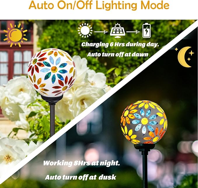 Afirst Solar Lights Outdoor Decorative - Solar Gazing Ball Mosaic Garden Stakes Flower Decorative Lights Waterproof for Pathway Yard Lawn Decoration Yellow