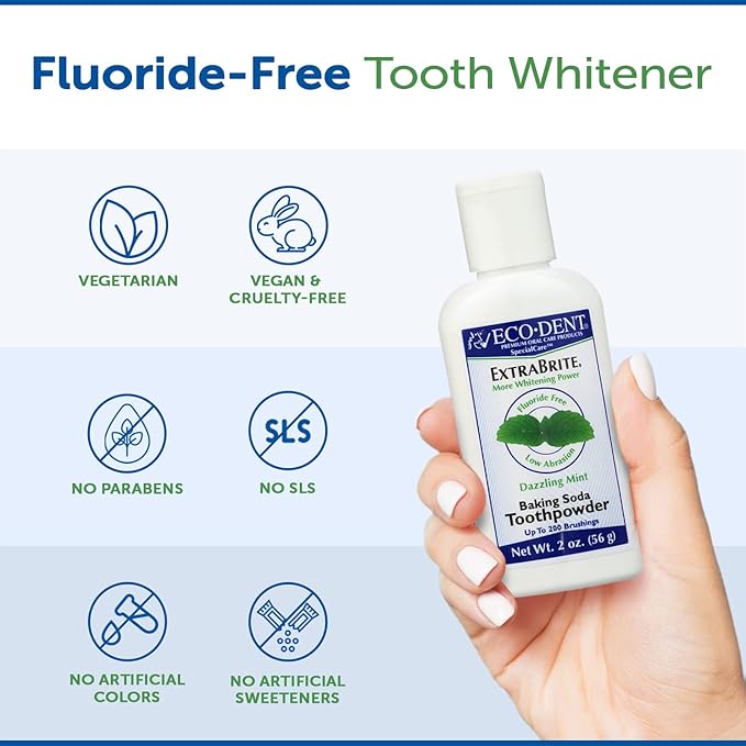 Eco-Dent ExtraBrite Baking Soda Toothpowder, Mint - Fluoride-Free Toothpaste Powder, SLS-Free Tooth Powder with Oxidizing Calcium Peroxide, Whitening Toothpaste Alternative, 2 Oz Ea (Pack of 3)