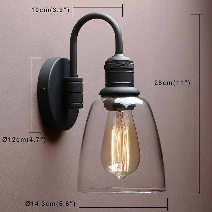 1-Light Vintage Wall Sconce, Yosoan Black Industrial Fixture Light with Elegant Gooseneck Curved Rod, Indoor Clear Glass Shade Wall Lamp Lighting for Bathroom Porch Kitchen Living Room Restaurant