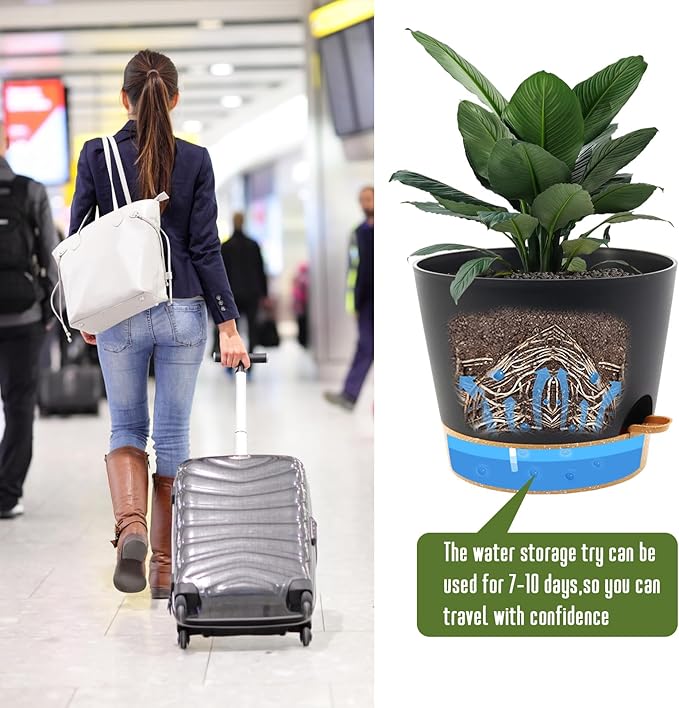 Self Watering Pots for Indoor Plants,12 inch Planters with Drainage Holes Plastic Flower Pots with Deep Reservoir, Black with Brown