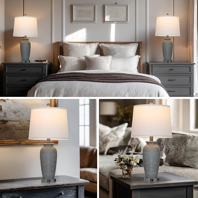 25" Grey Vintage Table Lamp Set of 2 Farmhouse Jar Table Lamps for Living Room，Touch Bedside Lamps with USB A+C Ports & AC Outlet, Pot Nightstand Lamps for Bedroom Living Room (LED Bulbs Included)