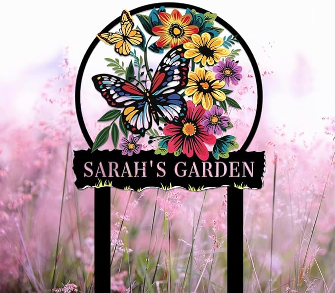 Personalized Butterfly Metal Sign with Stake,Custom Gardener Family Name Signs Outdoor Decorate,Customized Garden Accessories Decor for Mother's Day,Sunflowers Plaques for Patio Lawn Porch Backyard
