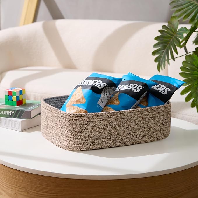 Large Shallow Organizing Baskets 15x11x5.1 Inches - Rope Woven Storage Bins for Bathroom, Shelves, Cube Closet, Mixed Brown 2 Packs