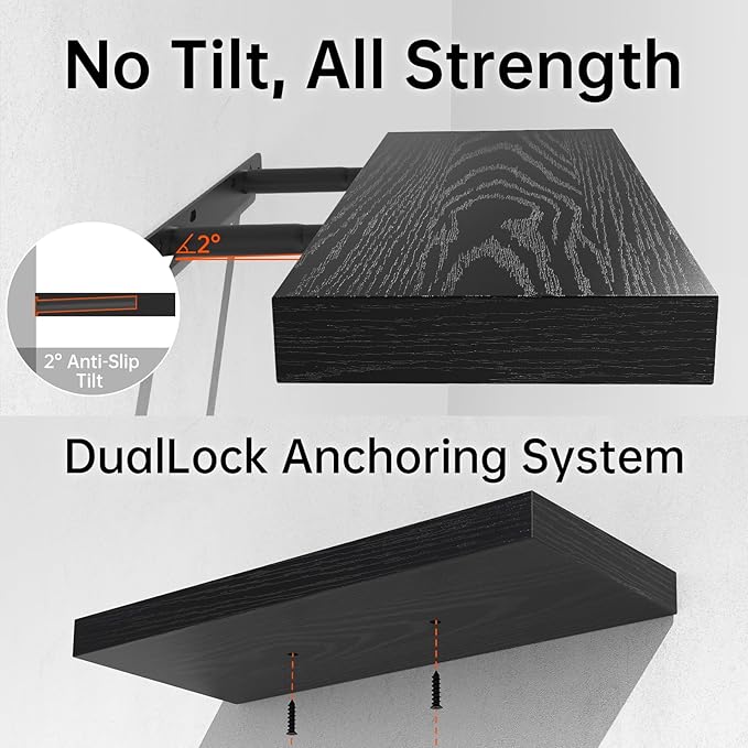 BAYKA Floating Shelves, 48 inches Long Heavy Duty Wall Mounted Rustic Wood Shelves for Bathroom, Bedroom, Living Room, Kitchen, Office, Hanging Shelf for Books/Storage/Decor(Black,Set of 2)