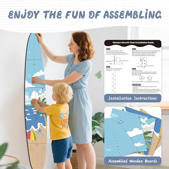 Personalized Name Growth Chart, Surfboard Children's Height Growth Chart Wall Board, Stereoscopic Height Ruler, Precision Height Measuring Instrument for Nursery Room, Includes Tools