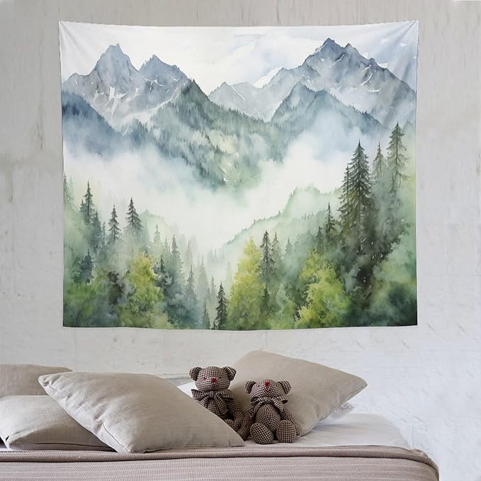HZOHNAGO Mountain Tapestry Misty Green Forest Mountain Pattern Printed Wall Tapestry Wall Hanging for Bedroom Living Room Dorm 60" W x 50" H