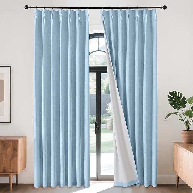 Joydeco Pinch Pleated Linen Curtains for Living Room, 100% Blackout Darkening Curtains 72 inches Length 2 Panel Thermal Insulated Pinch Pleat Drapes(Chambray Blue,40'' Wx72'' L)
