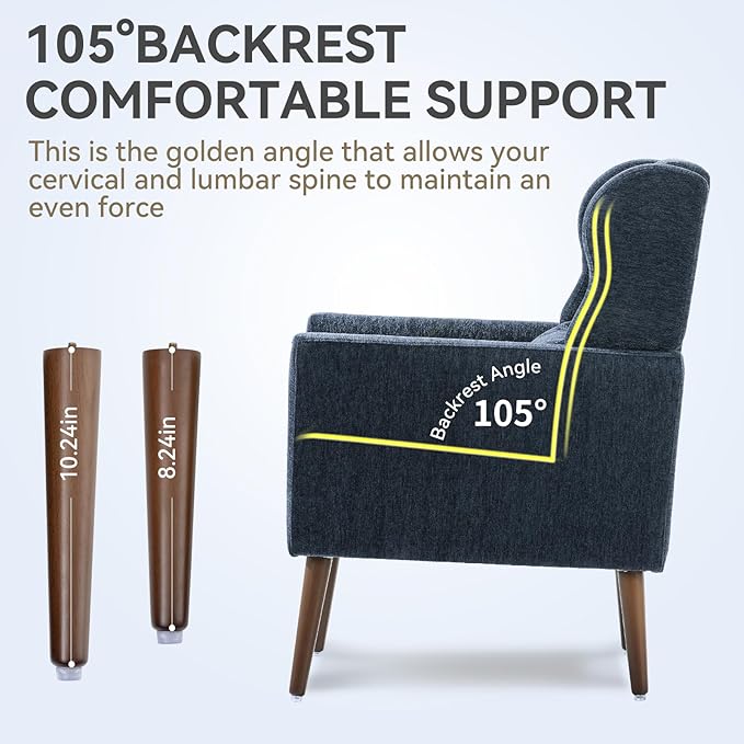 Accent Chair Set of 2, Upholstered Armchair with Pillow, Fabric Single Sofa Chair with Lounge Seat and Wood Legs Accent Chair for Living Room Small Spaces (Dark Blue, Set of 2)