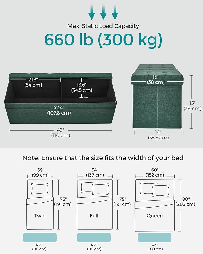 SONGMICS MAZIE Collection - 43 Inches Folding Storage Ottoman Bench, Ottoman Foot Rest, End of Bed Bench, Storage Chest, Load 660 lb, for Living Room, Bedroom, Entryway, Retro Green ULSF077C01
