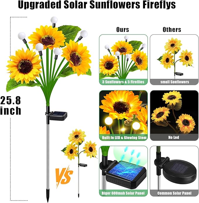 Solar Sunflower Lights Outdoor Waterproof - 6 Pack Solar Powered Sunflowers with Firefly Solar Lights for Garden Lawn Decor
