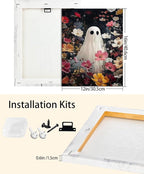 Halloween Canvas Wall Art,Vintage Cute Ghost & Wildflowers Framed Poster, Spooky Fall Decorations for Indoor, Gothic Dark Academia Wall Decor, Funny Halloween Decorations for Living Room Bedroom